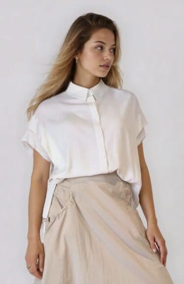 Lightweight rayon-linen top with cape sleeves and drawstring waist