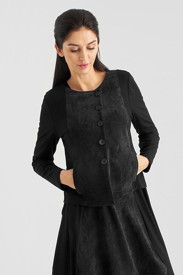 Short Cardigan with corduroy fabric, viscose jersey contrast, long sleeves, diagonal placket with buttons, welted pockets ? Elsewhere Fashi