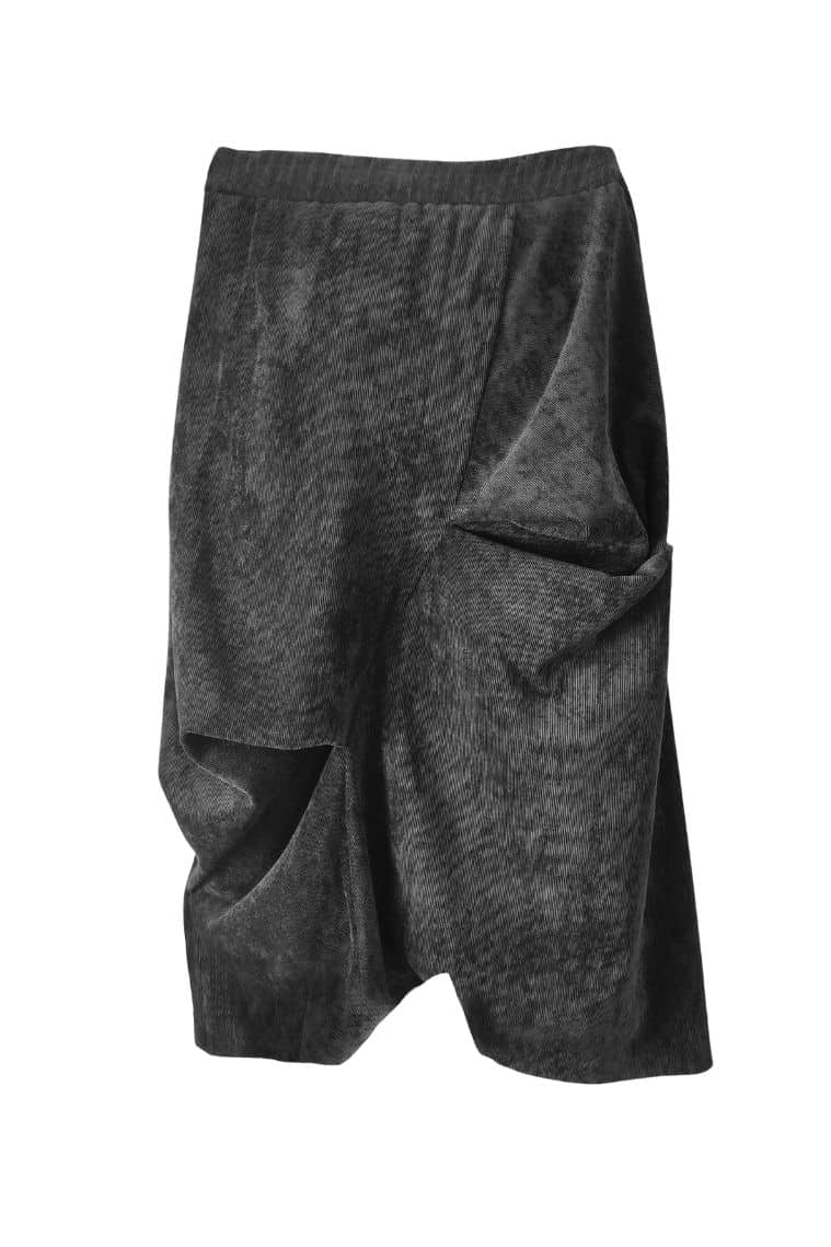 Low Crotch Pants with irregular pleats, diagonal line fly, abbreviated trousers, elasticated back ? Elsewhere Fashion