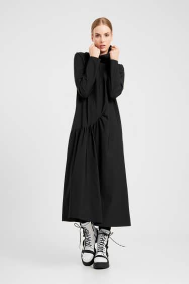 Travel fabric A-line dress, turtleneck, long sleeves, side seam pockets, curved seam with subtle wrinkling ? Elsewhere Fashion