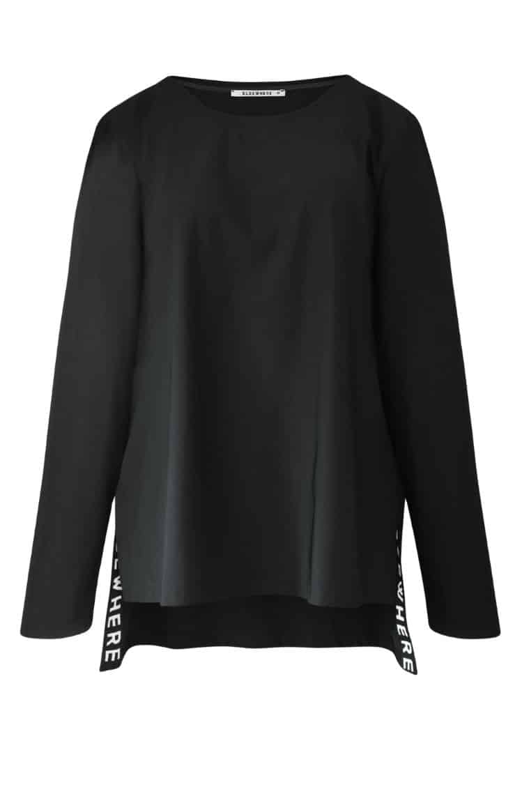 Top made out of travel fabric, Elsewhere tape side slit finishing, back longer, round neck, long sleeves ? Elsewhere Fashion