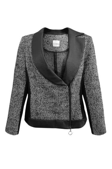 Short jacket, half shawl lapel, half notched lapel, 2-way metal zipper, black vegan leather contrasts ? Elsewhere Fashion