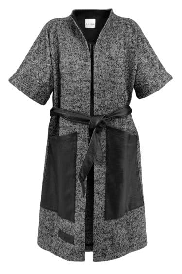 Long cardigan with vegan leather pockets, rolled sleeves, belt, leather Elsewhere patch ? Elsewhere Fashion