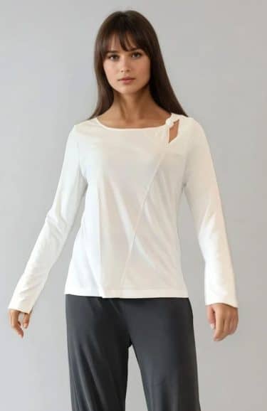 Top with neckline knot, diagonal front seam, long sleeves with slits ? Elsewhere Fashion