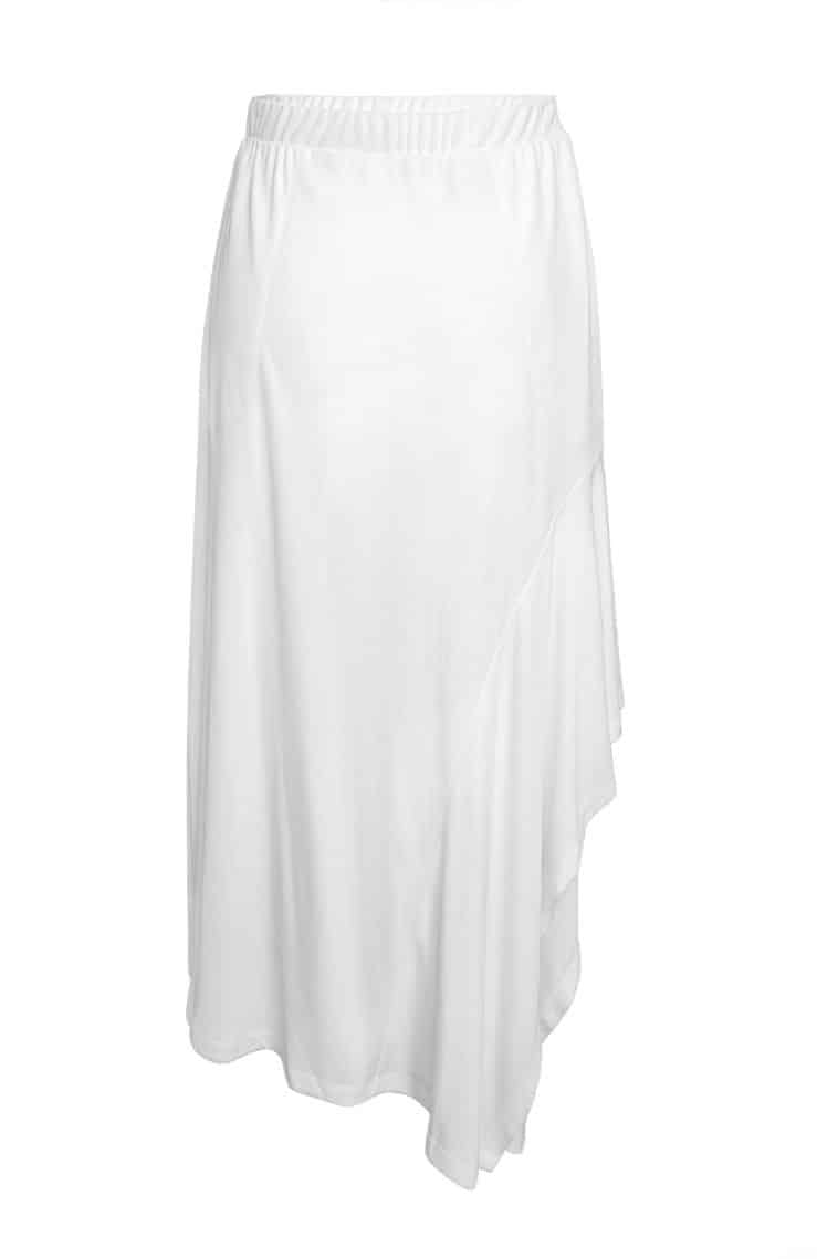 Asymmetrical A-line skirt, elastic waistband, flared panel, flowing drape ? Elsewhere Fashion