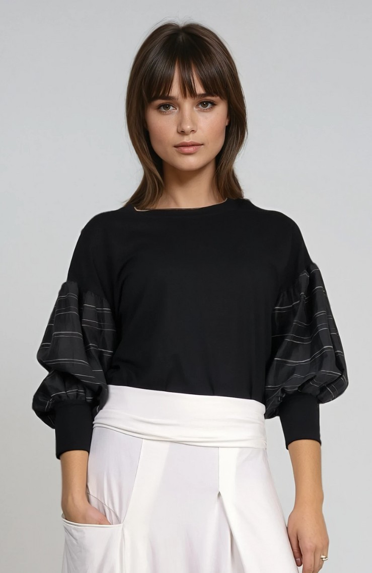 Jersey viscose top with linen sleeves, modern versatile style ? Elsewhere Fashion