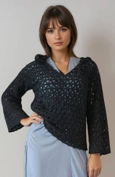 Open-knit hooded top, V-neck, wide sleeves, cotton-acrylic blend ? Elsewhere Fashion