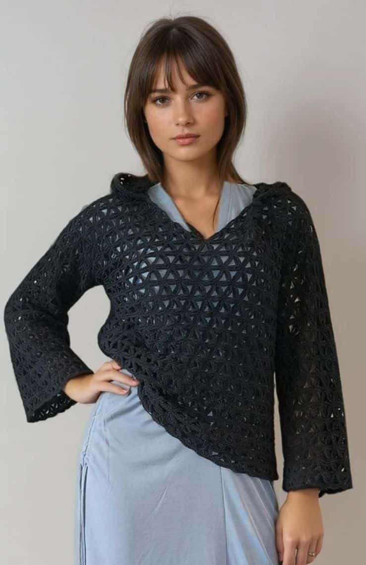 Open-knit hooded top, V-neck, wide sleeves, cotton-acrylic blend ? Elsewhere Fashion