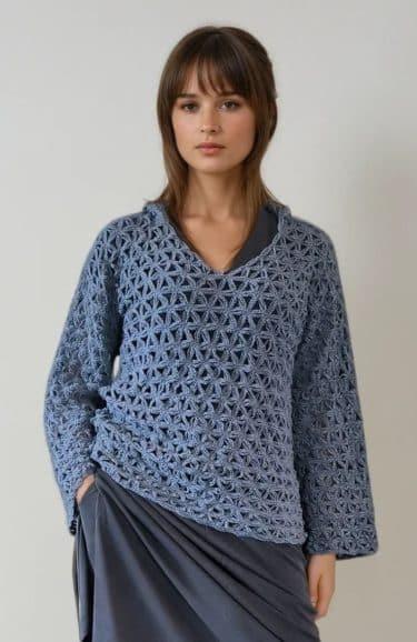 Open-knit hooded top, V-neck, wide sleeves, cotton-acrylic blend ? Elsewhere Fashion