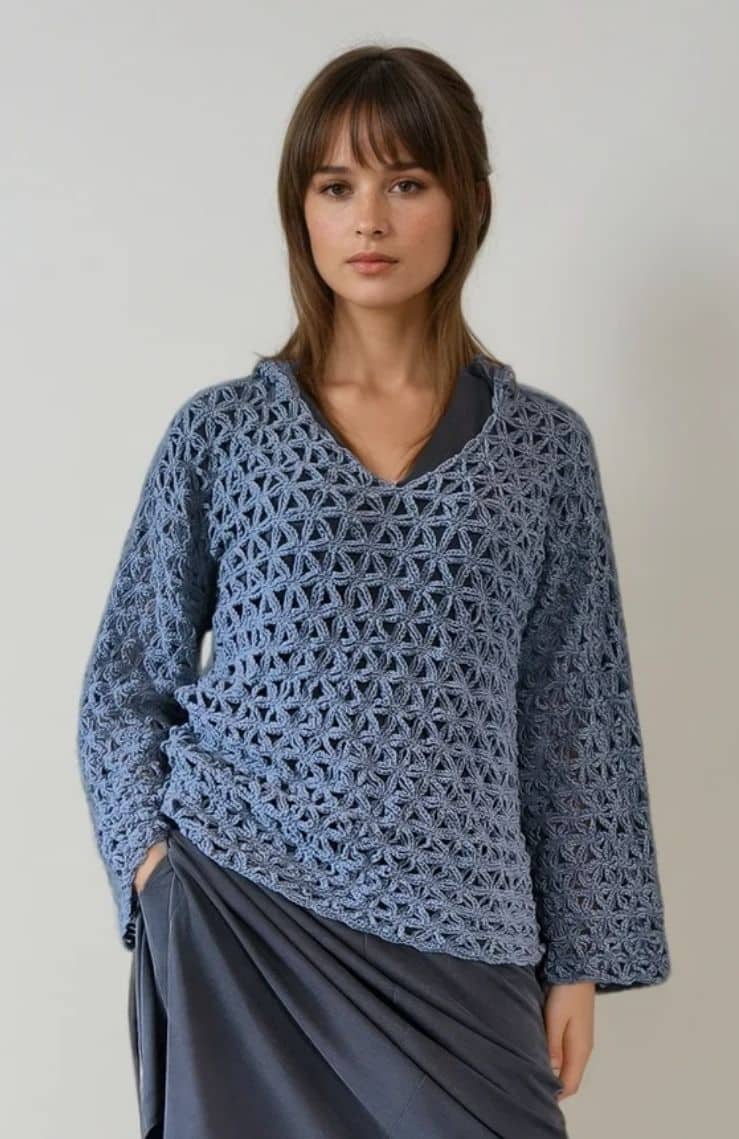 Open-knit hooded top, V-neck, wide sleeves, cotton-acrylic blend ? Elsewhere Fashion