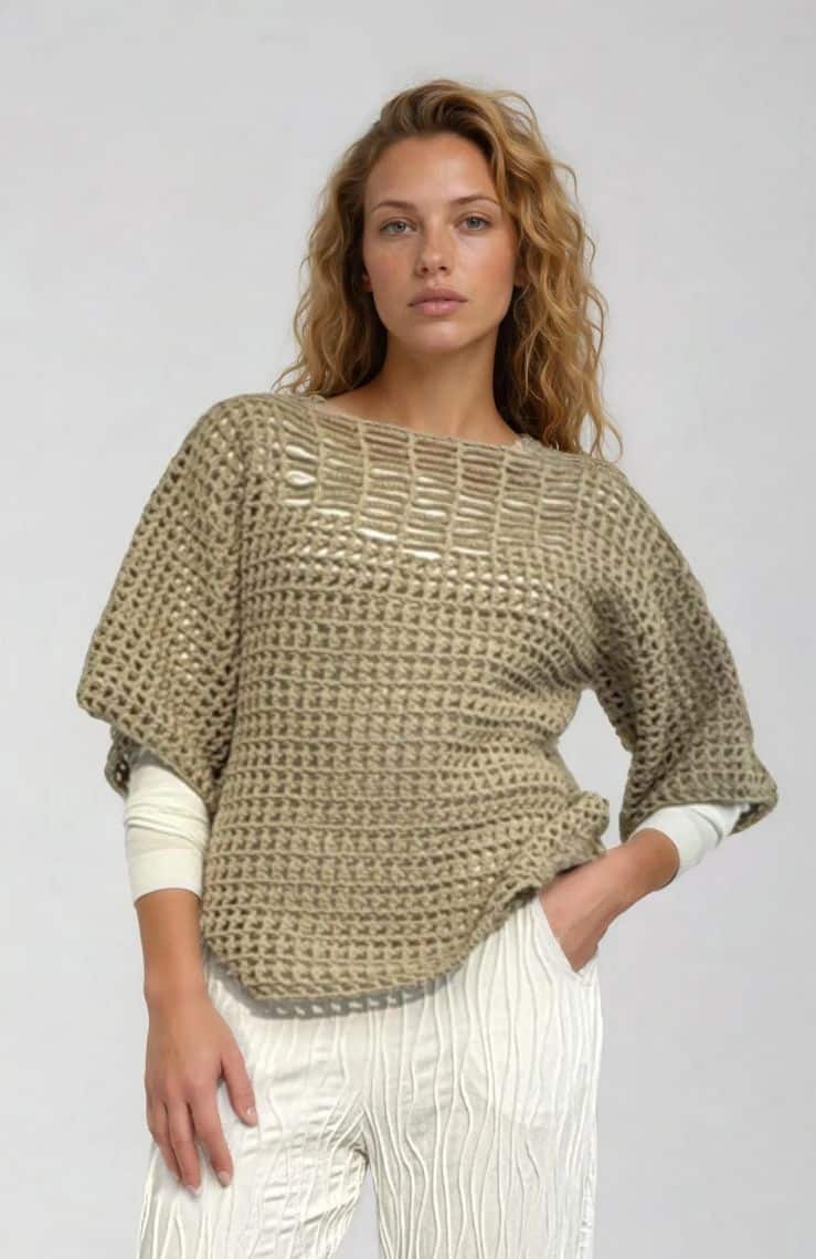 Open-knit cotton-acrylic top, 3/4 sleeves, boat neck, oversized fit ? Elsewhere Fashion