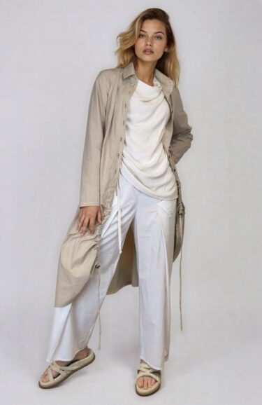 Long cotton cardigan with button closure and gathering detail – Elsewhere Fashion