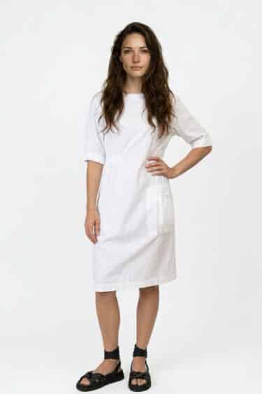 Cotton midi dress with 3/4 sleeves and patch pocket – Elsewhere Fashion