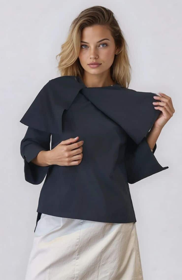 Asymmetric cotton top with slit cuffs and modern collar – Elsewhere Fashion